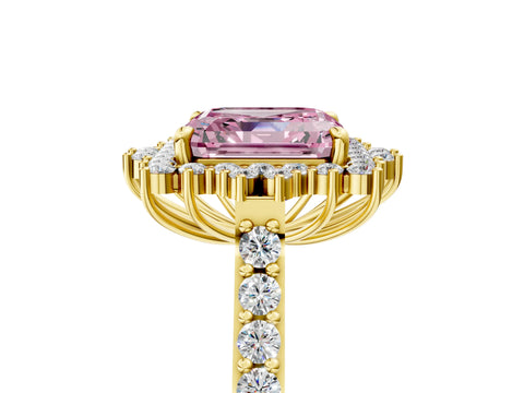 Yellow gold Fancy Pink Asscher Cut Cut Diamond Sunburst Halo Engagement Ring with Pavé Band_5