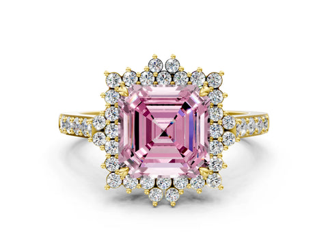 Yellow gold Fancy Pink Asscher Cut Cut Diamond Sunburst Halo Engagement Ring with Pavé Band