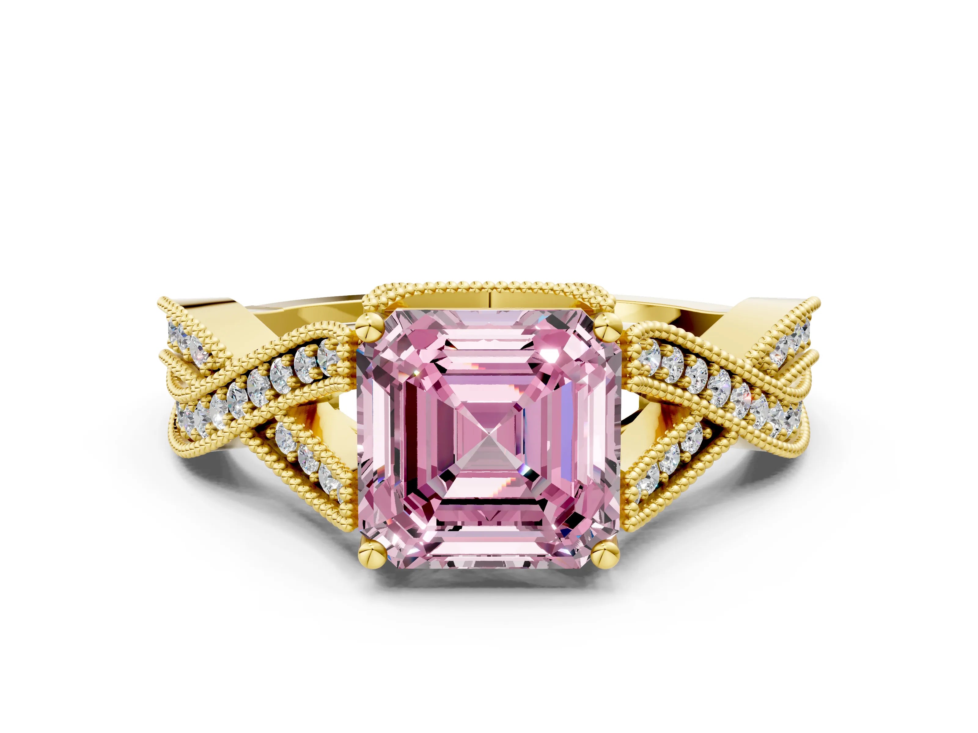 Yellow gold Fancy Pink Asscher Cut Cut Diamond Twisted Band with Milgrain Pave Setting and Four-Prong Setting