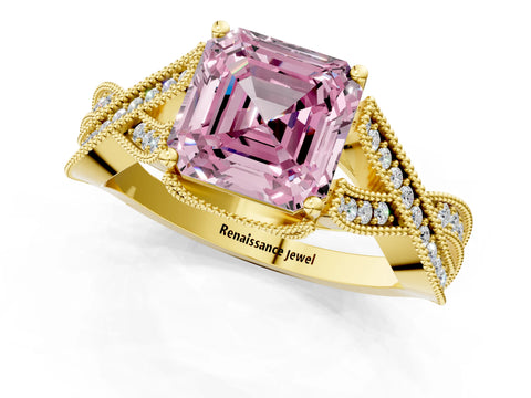 Yellow gold Fancy Pink Asscher Cut Cut Diamond Twisted Band with Milgrain Pave Setting and Four-Prong Setting_1