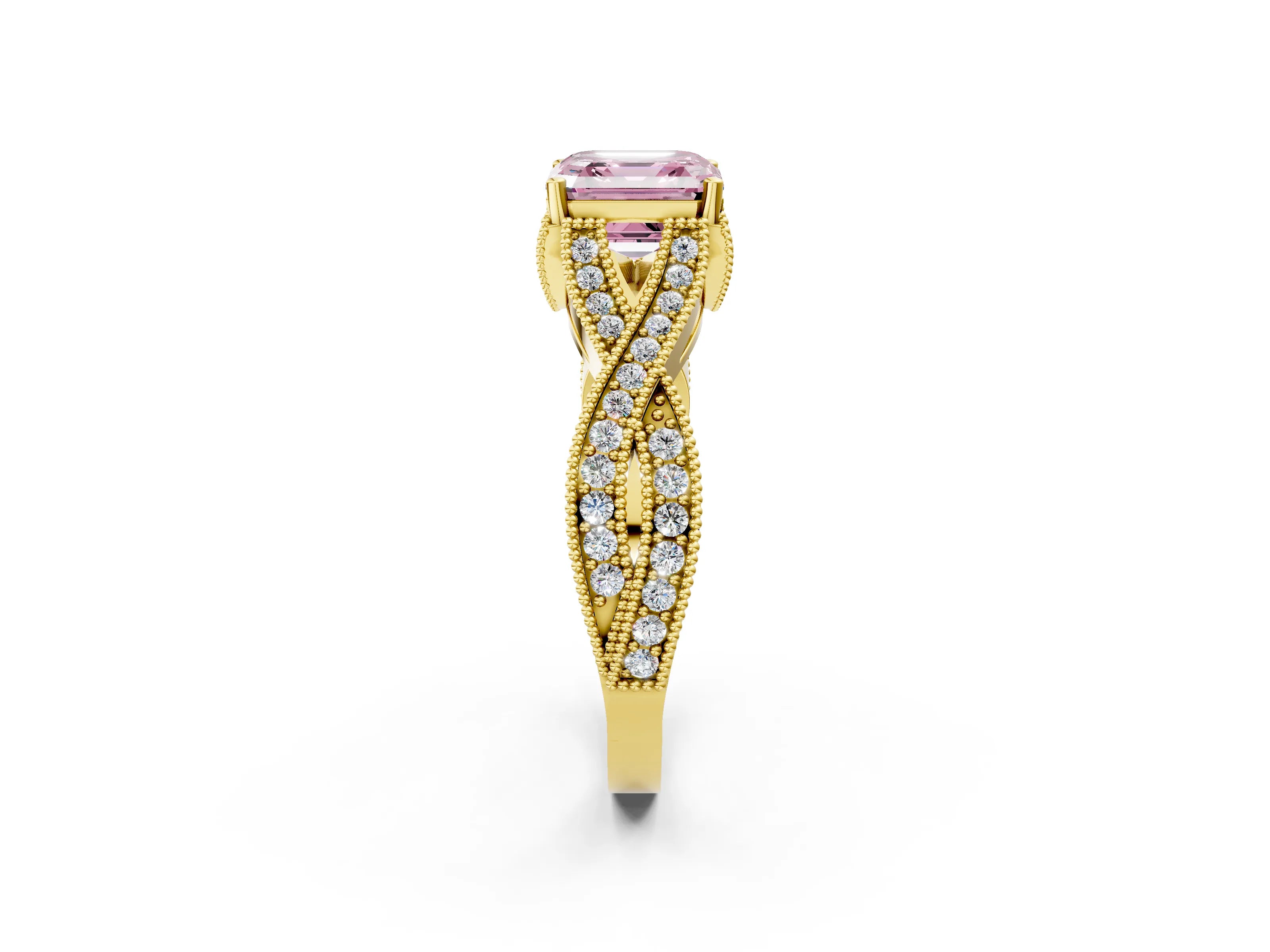 Yellow gold Fancy Pink Asscher Cut Cut Diamond Twisted Band with Milgrain Pave Setting and Four-Prong Setting_2