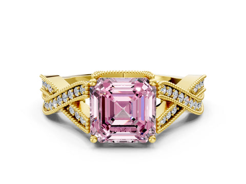 Yellow gold Fancy Pink Asscher Cut Cut Diamond Twisted Band with Milgrain Pave Setting and Four-Prong Setting