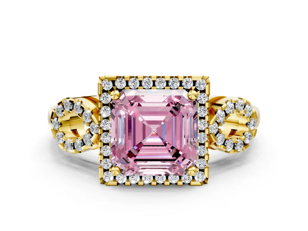 Yellow Gold Asscher Cut Pave Infinity Halo Engagement Ring Setting for Fancy Pink Center