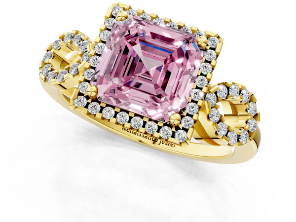 Yellow Gold Asscher Cut Pave Infinity Halo Engagement Ring Setting for Fancy Pink Center
