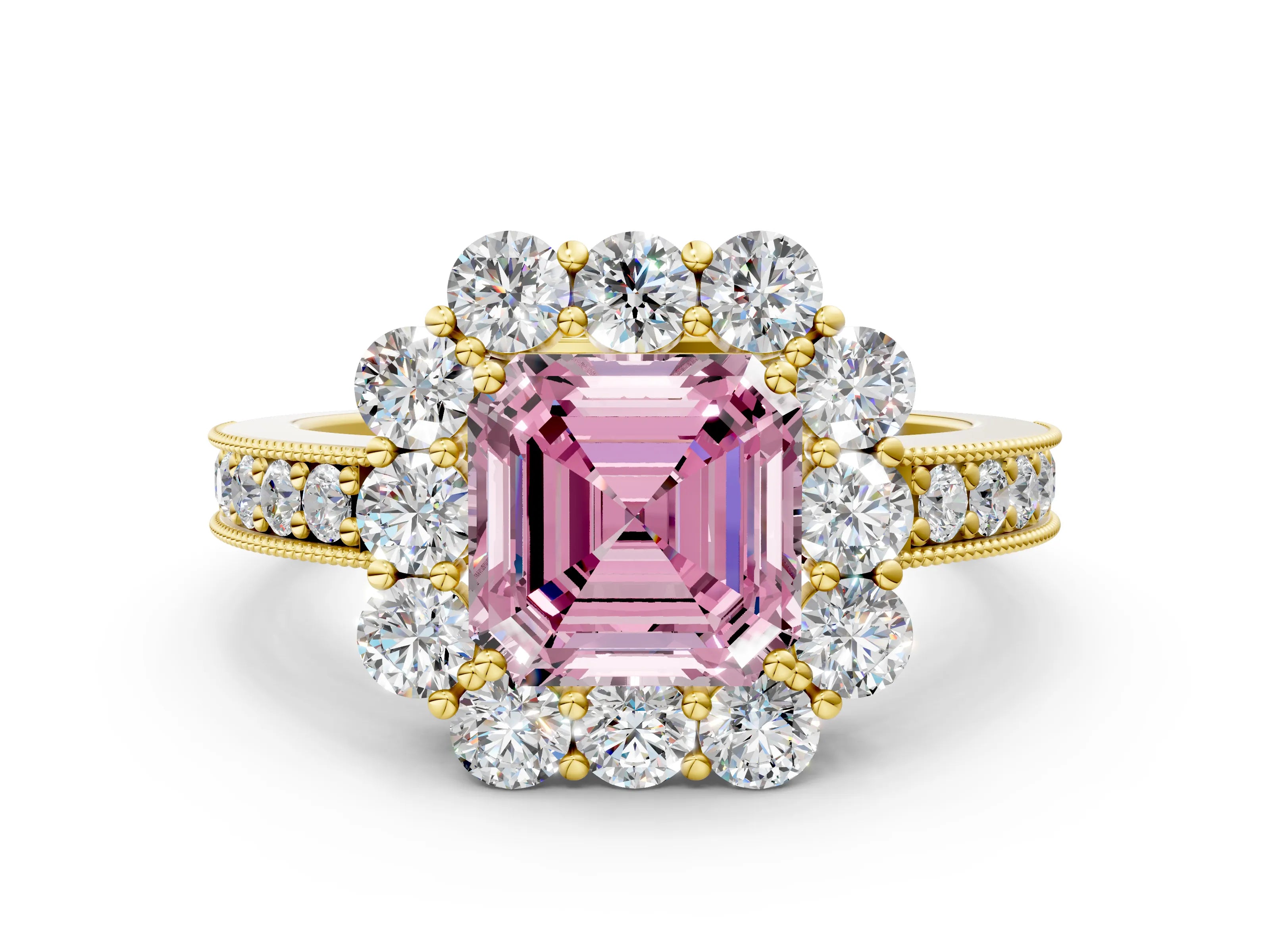 Yellow gold Fancy Pink Asscher Cut Cut Halo Diamond Pavé Engagement Ring with Milgrain Detailing