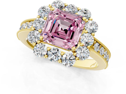 Yellow gold Fancy Pink Asscher Cut Cut Halo Diamond Pavé Engagement Ring with Milgrain Detailing_1