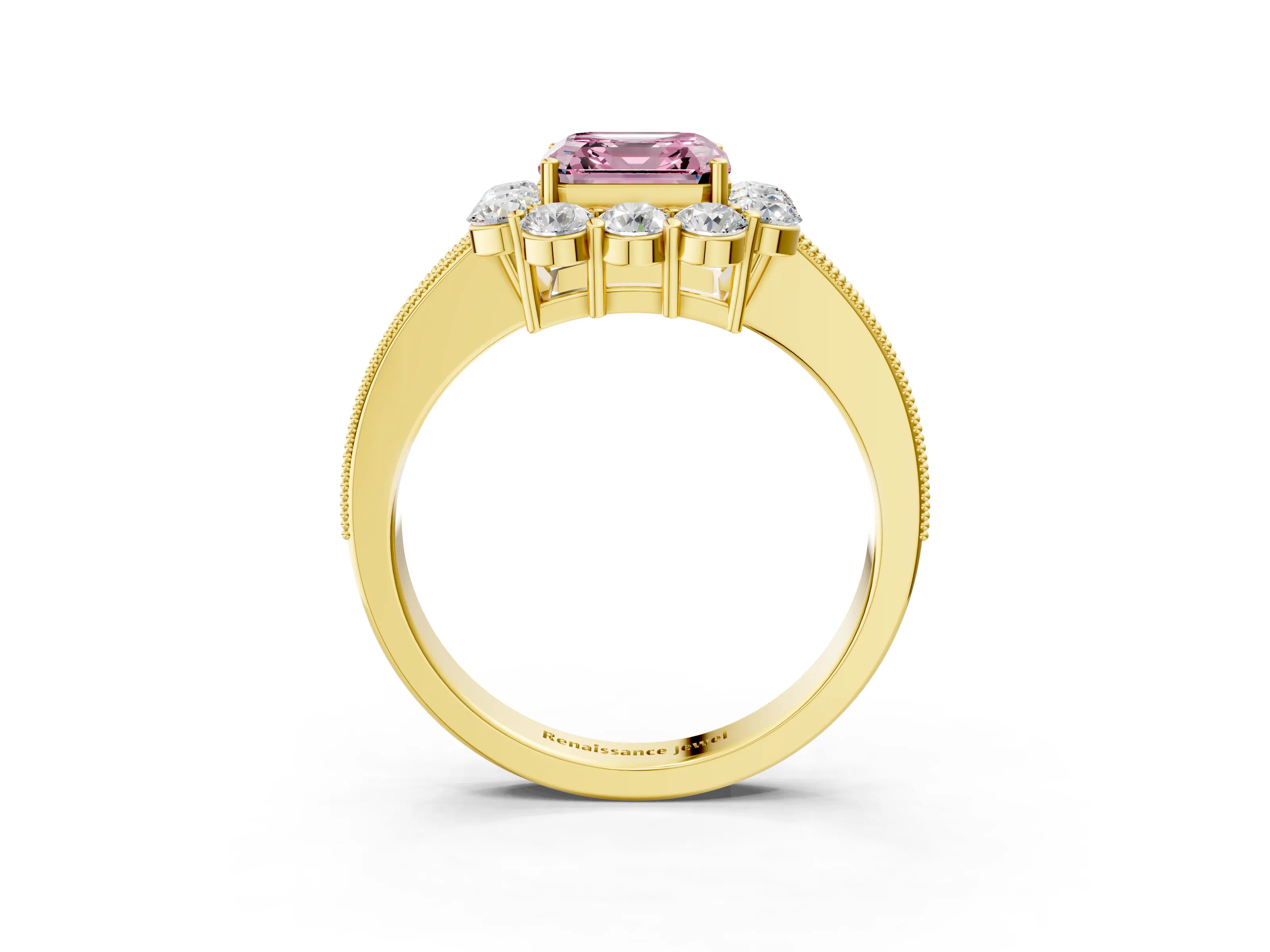 Yellow gold Fancy Pink Asscher Cut Cut Halo Diamond Pavé Engagement Ring with Milgrain Detailing_3
