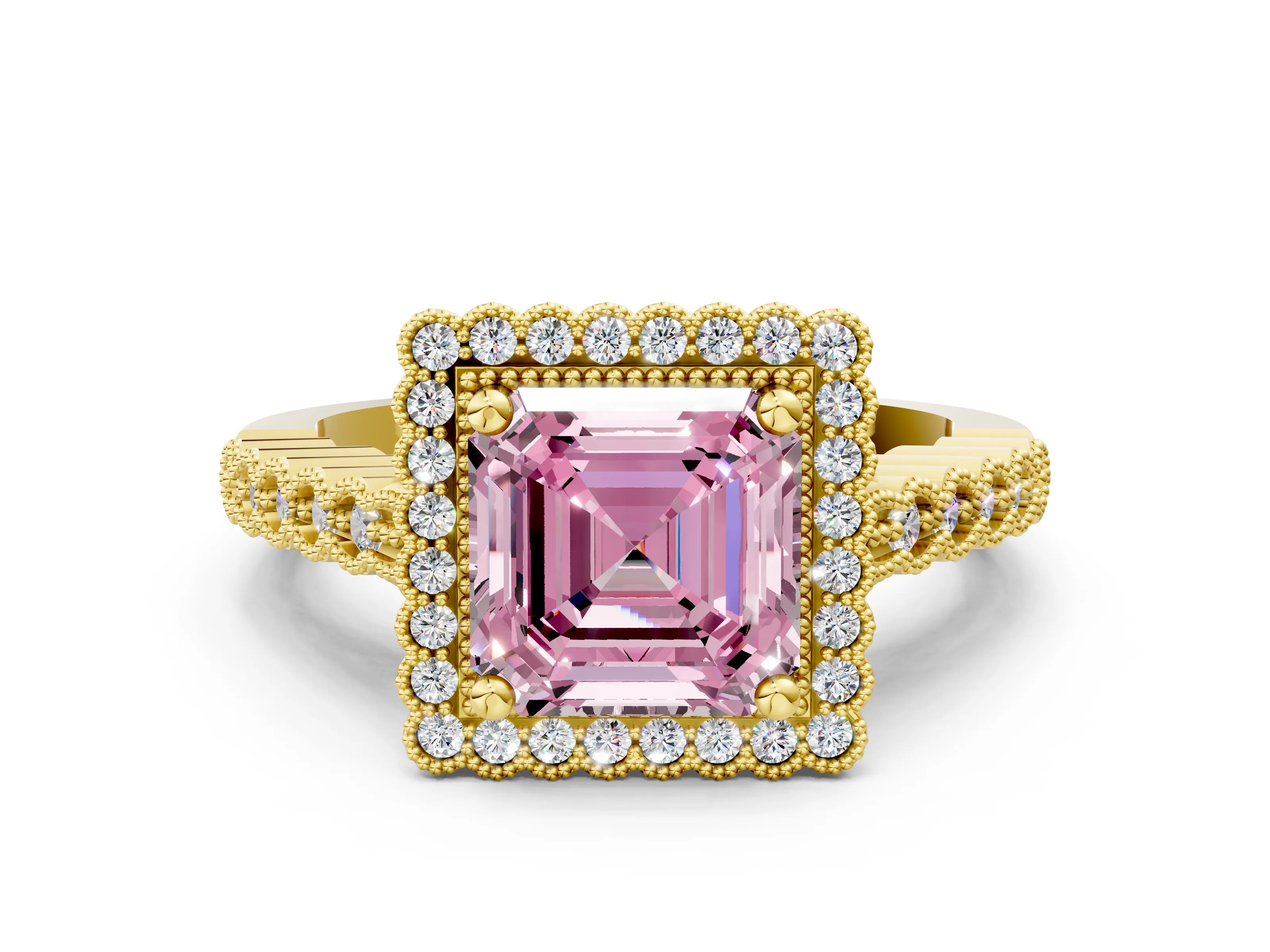 Yellow gold Fancy Pink Asscher Cut Cut Halo Pavé Solitaire Ring with Milgrain Band