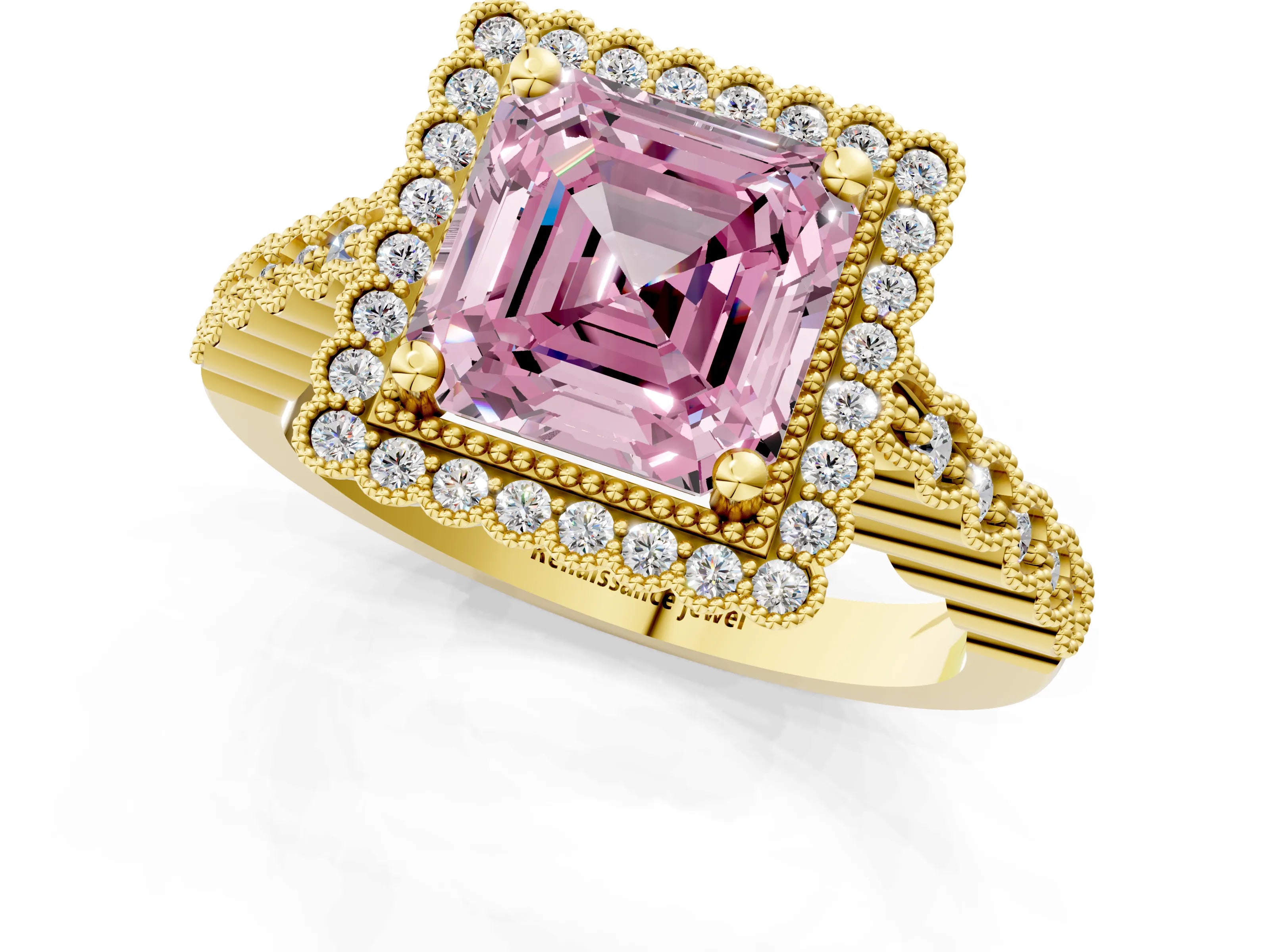 Yellow gold Fancy Pink Asscher Cut Cut Halo Pavé Solitaire Ring with Milgrain Band_1