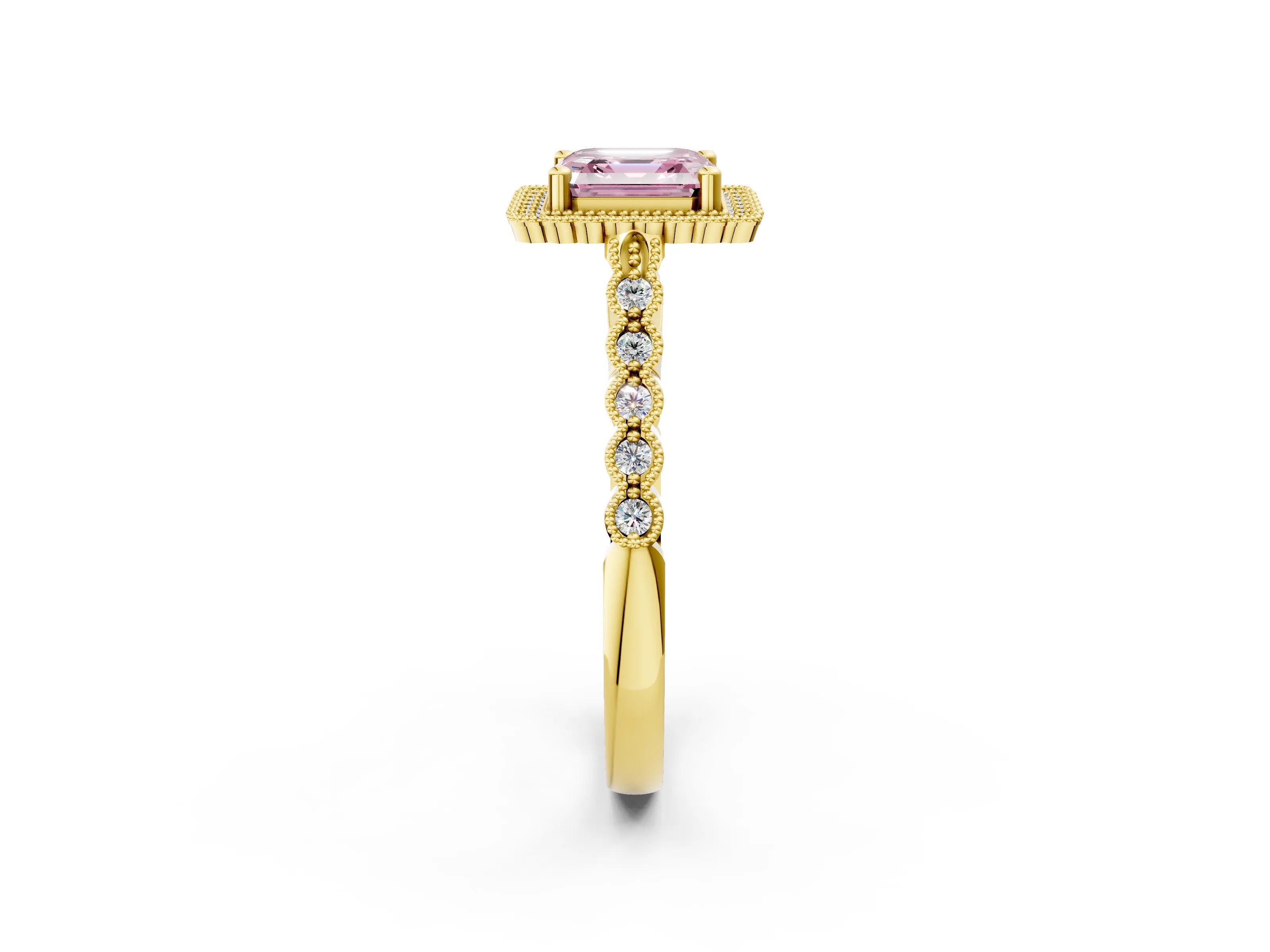 Yellow gold Fancy Pink Asscher Cut Cut Halo Pavé Solitaire Ring with Milgrain Band_2