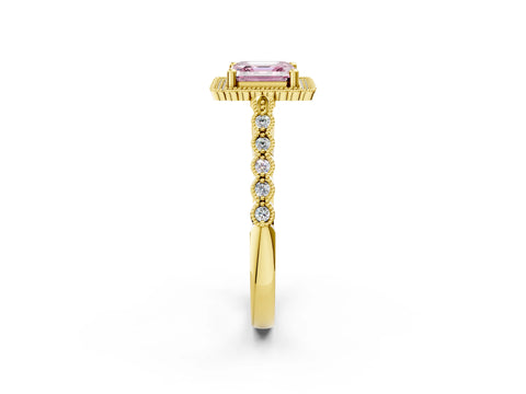 Yellow gold Fancy Pink Asscher Cut Cut Halo Pavé Solitaire Ring with Milgrain Band_2