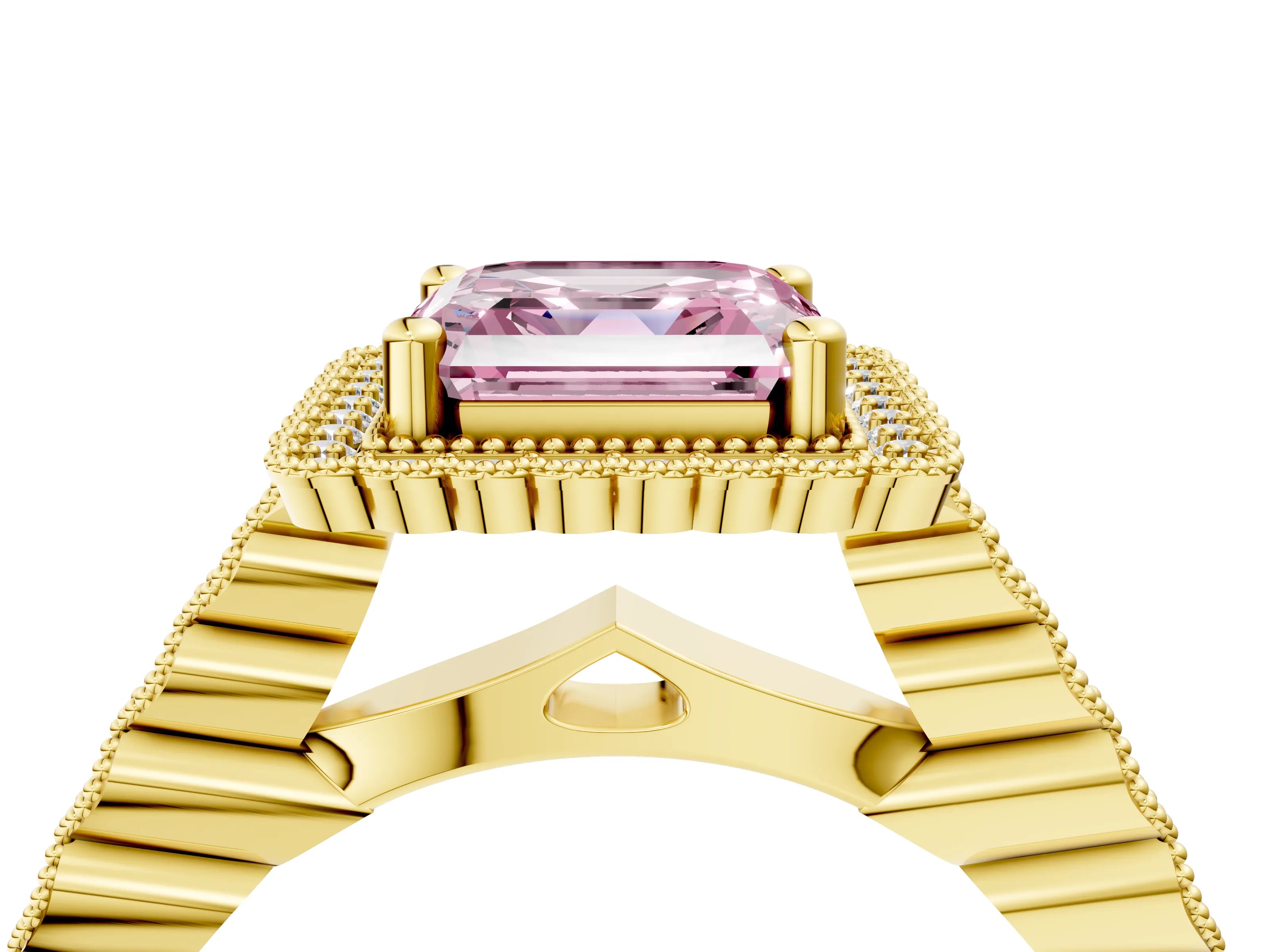 Yellow gold Fancy Pink Asscher Cut Cut Halo Pavé Solitaire Ring with Milgrain Band_4