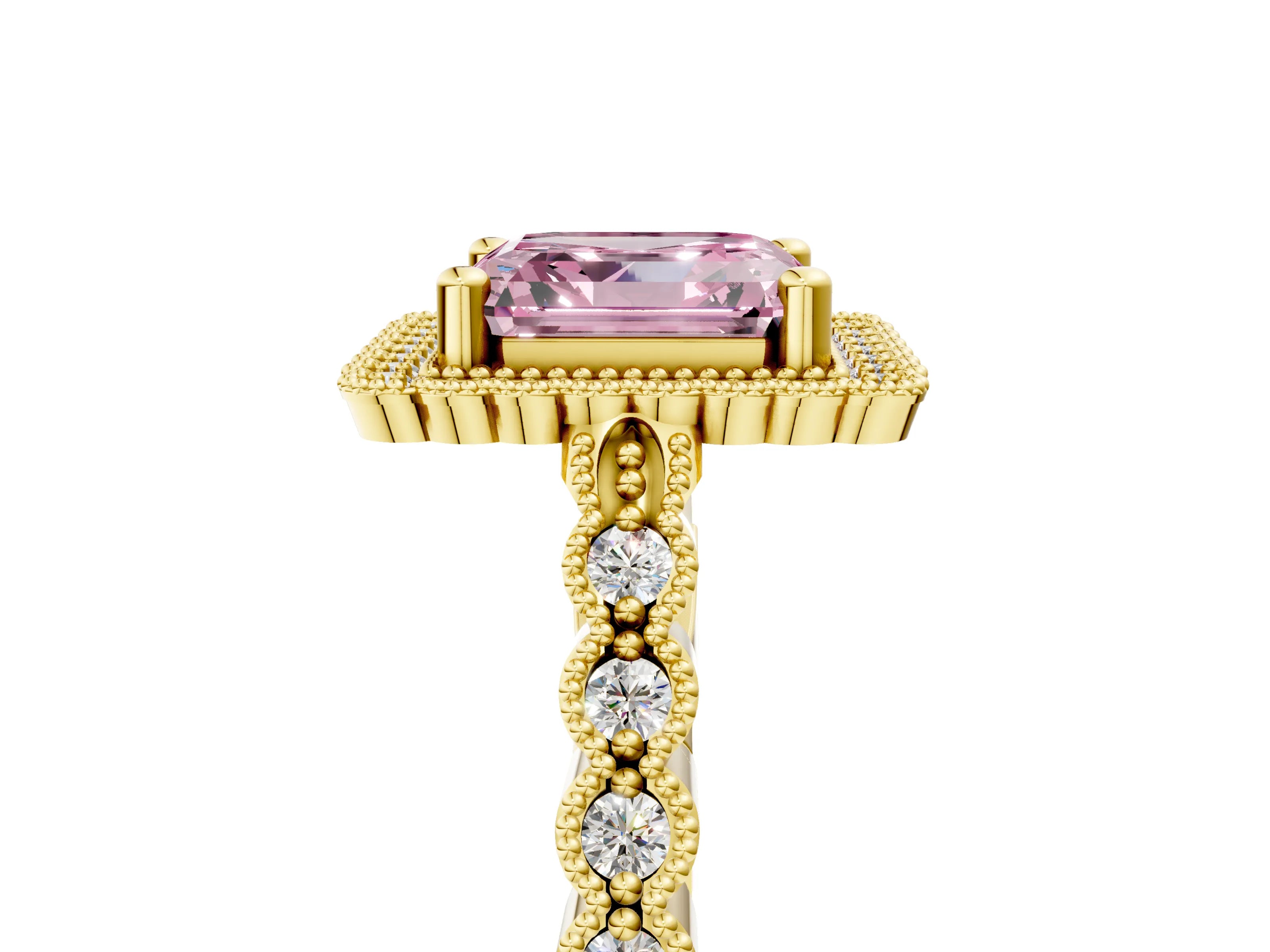 Yellow gold Fancy Pink Asscher Cut Cut Halo Pavé Solitaire Ring with Milgrain Band_5