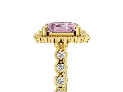 Yellow gold Fancy Pink Asscher Cut Cut Halo Pavé Solitaire Ring with Milgrain Band_5