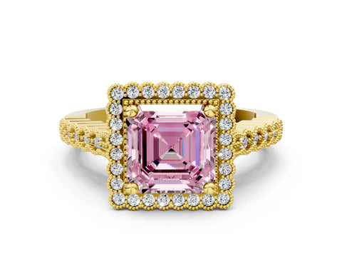 Yellow gold Fancy Pink Asscher Cut Cut Halo Pavé Solitaire Ring with Milgrain Band