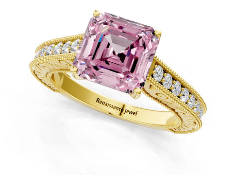 Yellow gold Fancy Pink Asscher Cut Cut Pave Band Milgrain Solitaire Ring_1