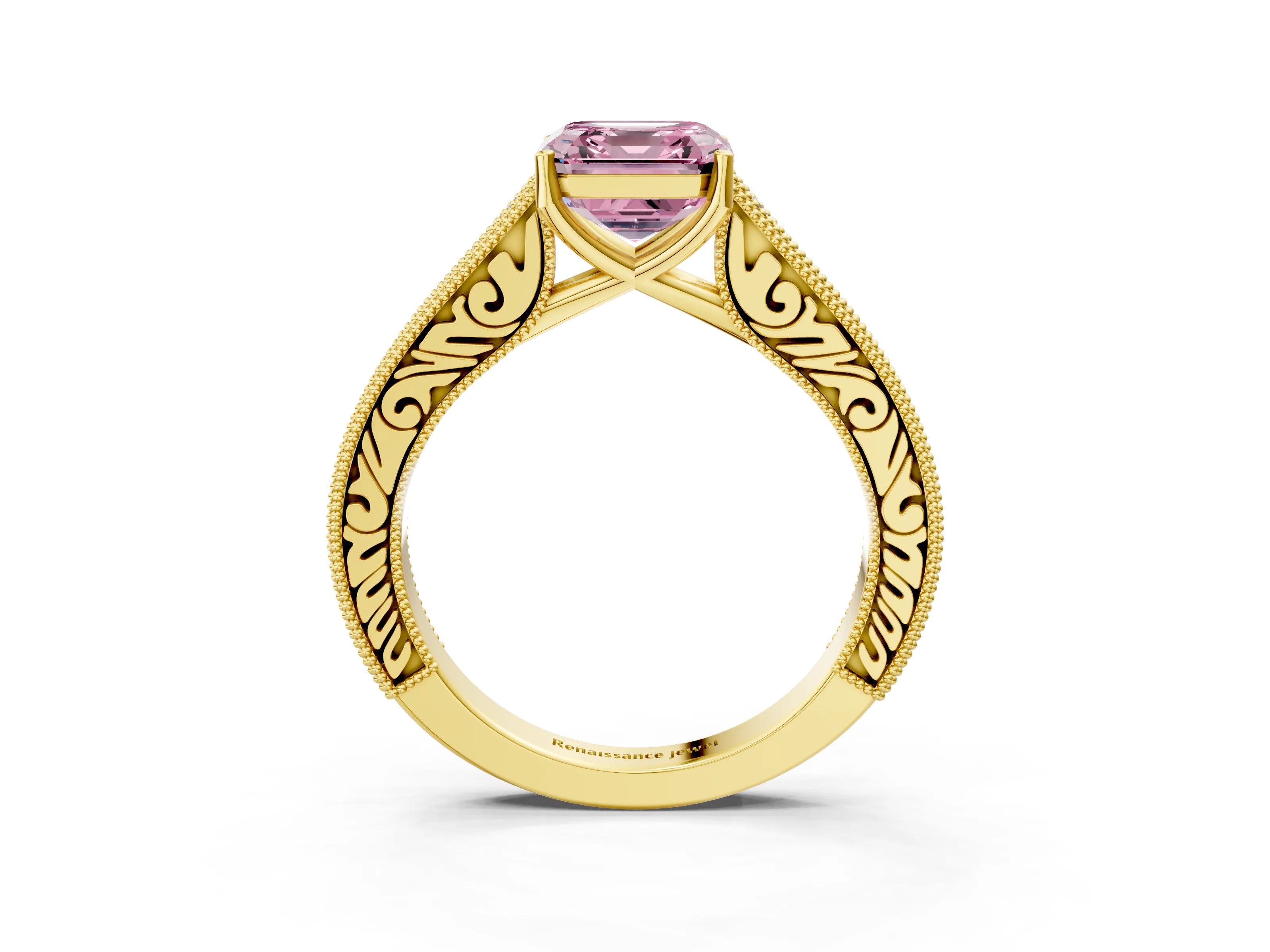 Yellow gold Fancy Pink Asscher Cut Cut Pave Band Milgrain Solitaire Ring_3