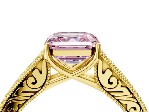 Yellow gold Fancy Pink Asscher Cut Cut Pave Band Milgrain Solitaire Ring_4