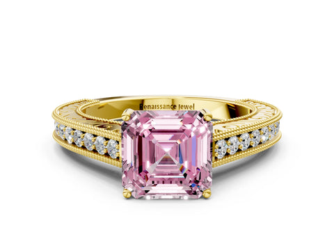 Yellow gold Fancy Pink Asscher Cut Cut Pave Band Milgrain Solitaire Ring