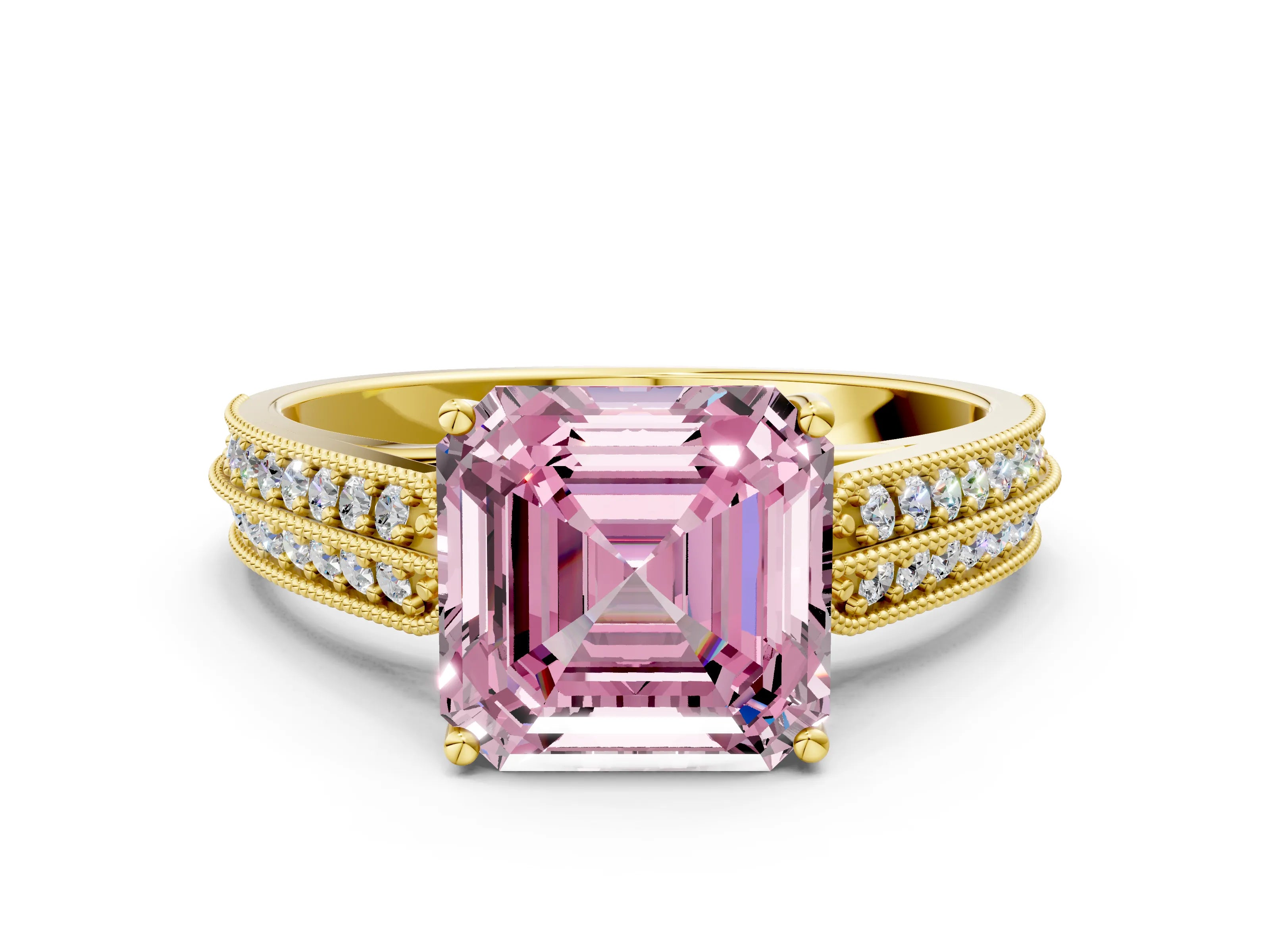 Yellow gold Fancy Pink Asscher Cut Cut Pave Split Shank Engagement Ring with Four-Prong Setting