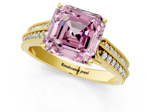 Yellow gold Fancy Pink Asscher Cut Cut Pave Split Shank Engagement Ring with Four-Prong Setting_1