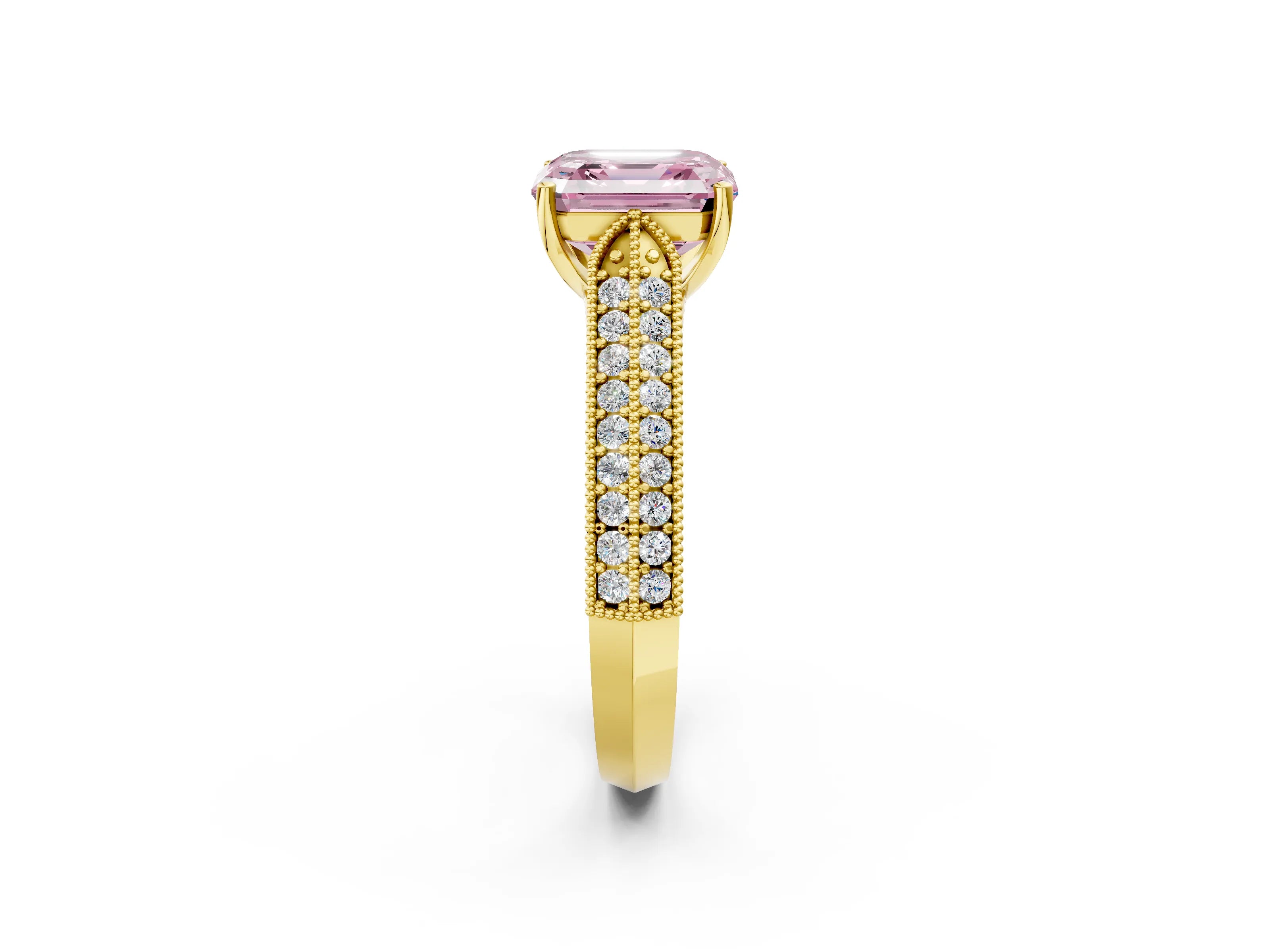 Yellow gold Fancy Pink Asscher Cut Cut Pave Split Shank Engagement Ring with Four-Prong Setting_2