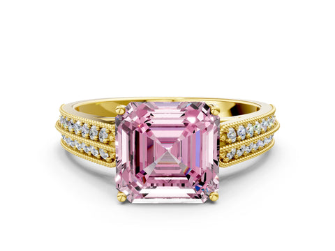 Yellow gold Fancy Pink Asscher Cut Cut Pave Split Shank Engagement Ring with Four-Prong Setting