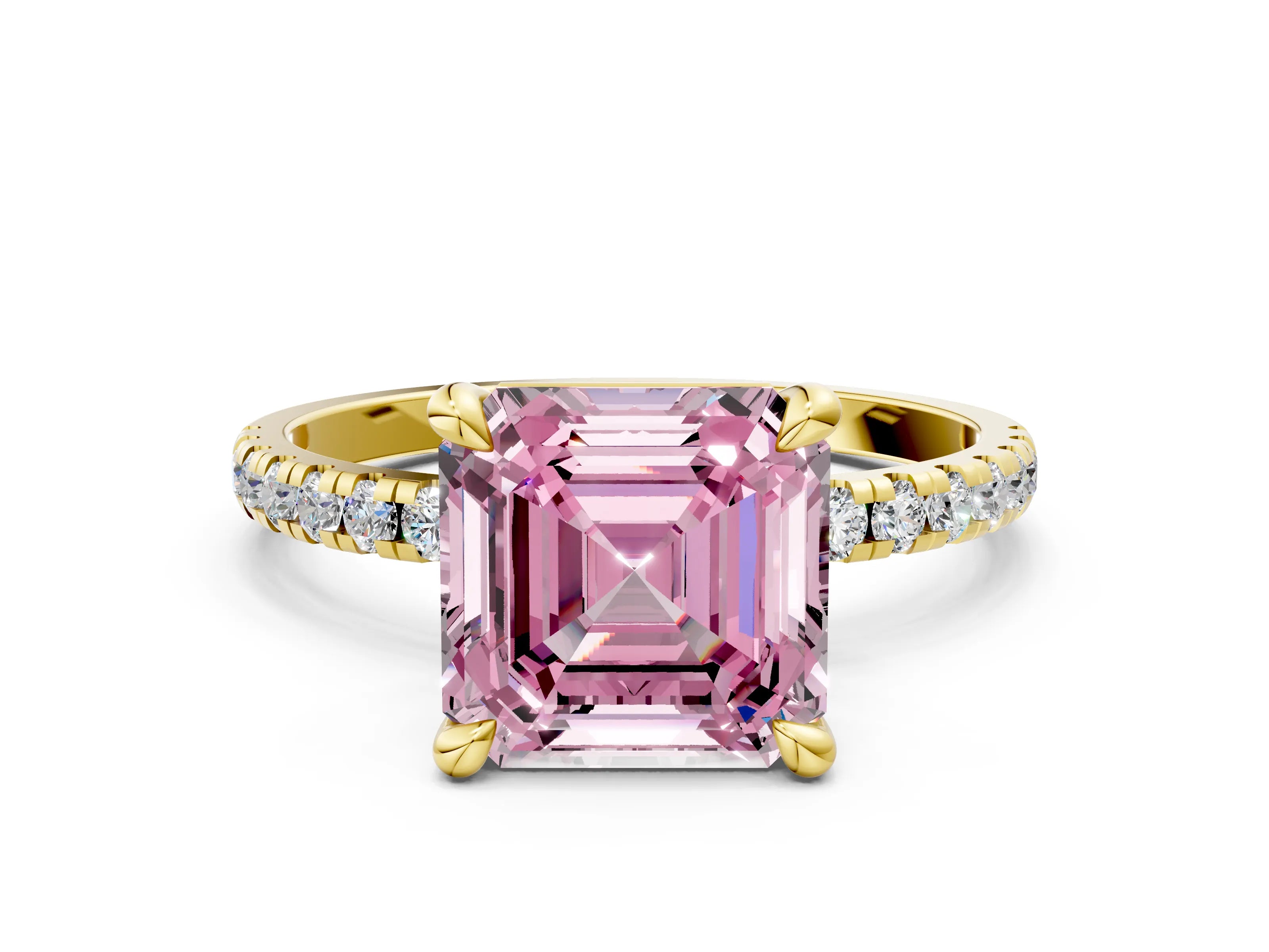 Yellow gold Fancy Pink Asscher Cut Diamond Brilliant Solitaire Ring with Pavé Band and Four-Prong Setting