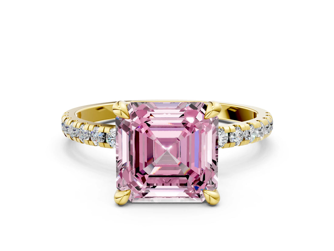 Yellow gold Fancy Pink Asscher Cut Diamond Brilliant Solitaire Ring with Pavé Band and Four-Prong Setting_12