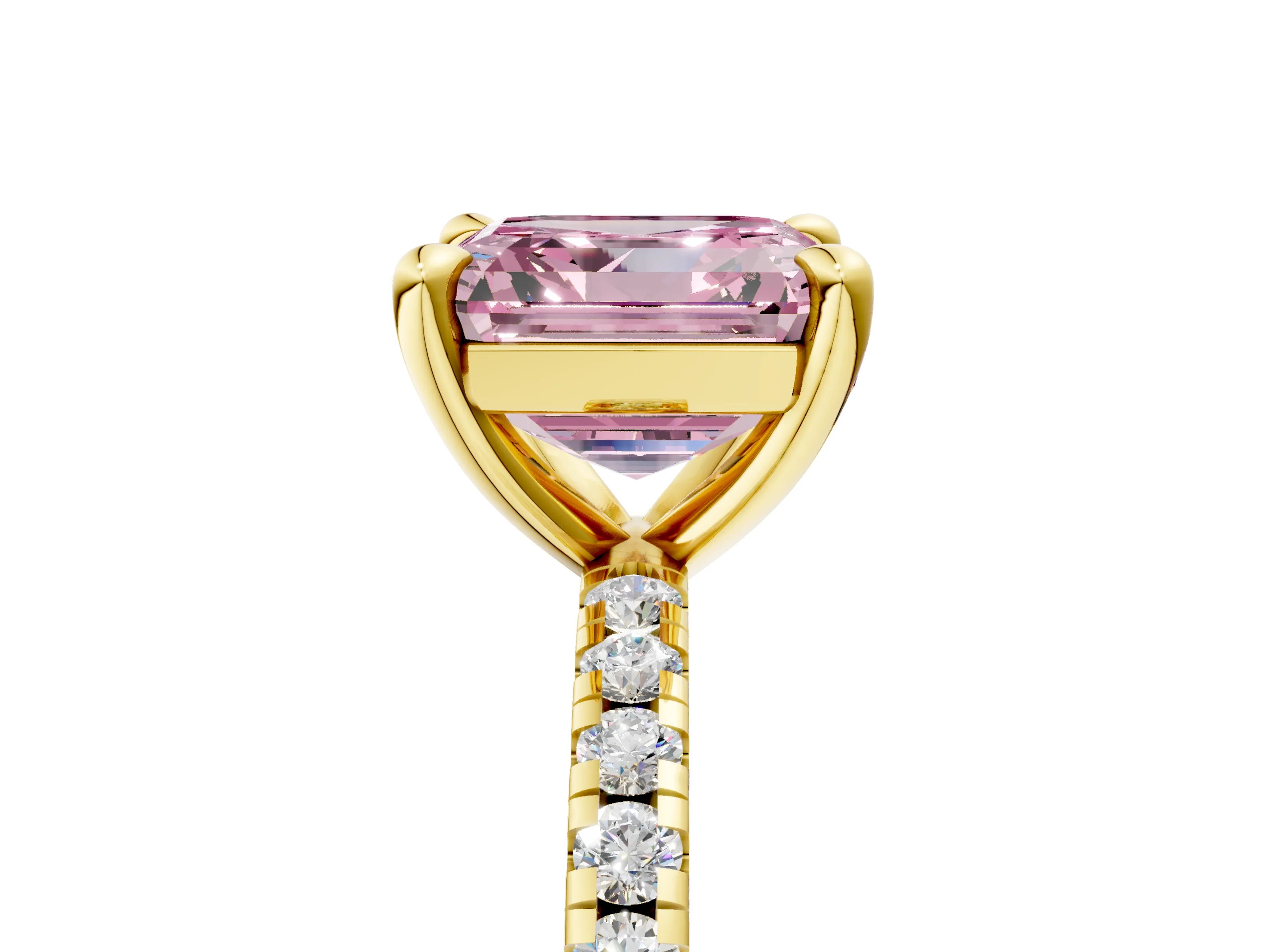 Yellow gold Fancy Pink Asscher Cut Diamond Brilliant Solitaire Ring with Pavé Band and Four-Prong Setting_5