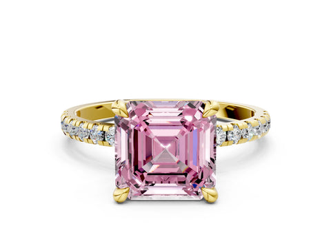 Yellow gold Fancy Pink Asscher Cut Diamond Brilliant Solitaire Ring with Pavé Band and Four-Prong Setting