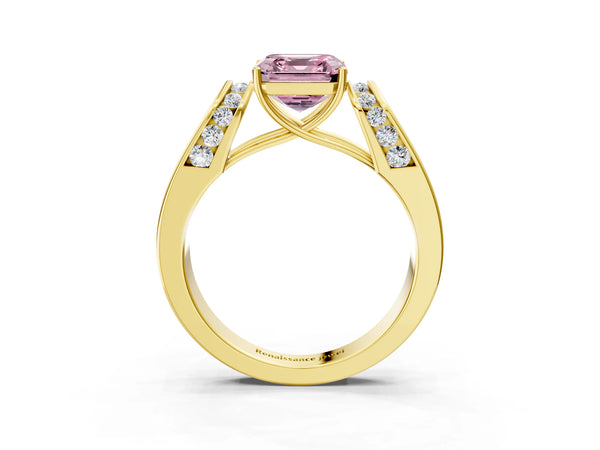 Yellow Gold Asscher Cut Channel Set Engagement Ring Setting for Fancy Pink Center with Wide Band