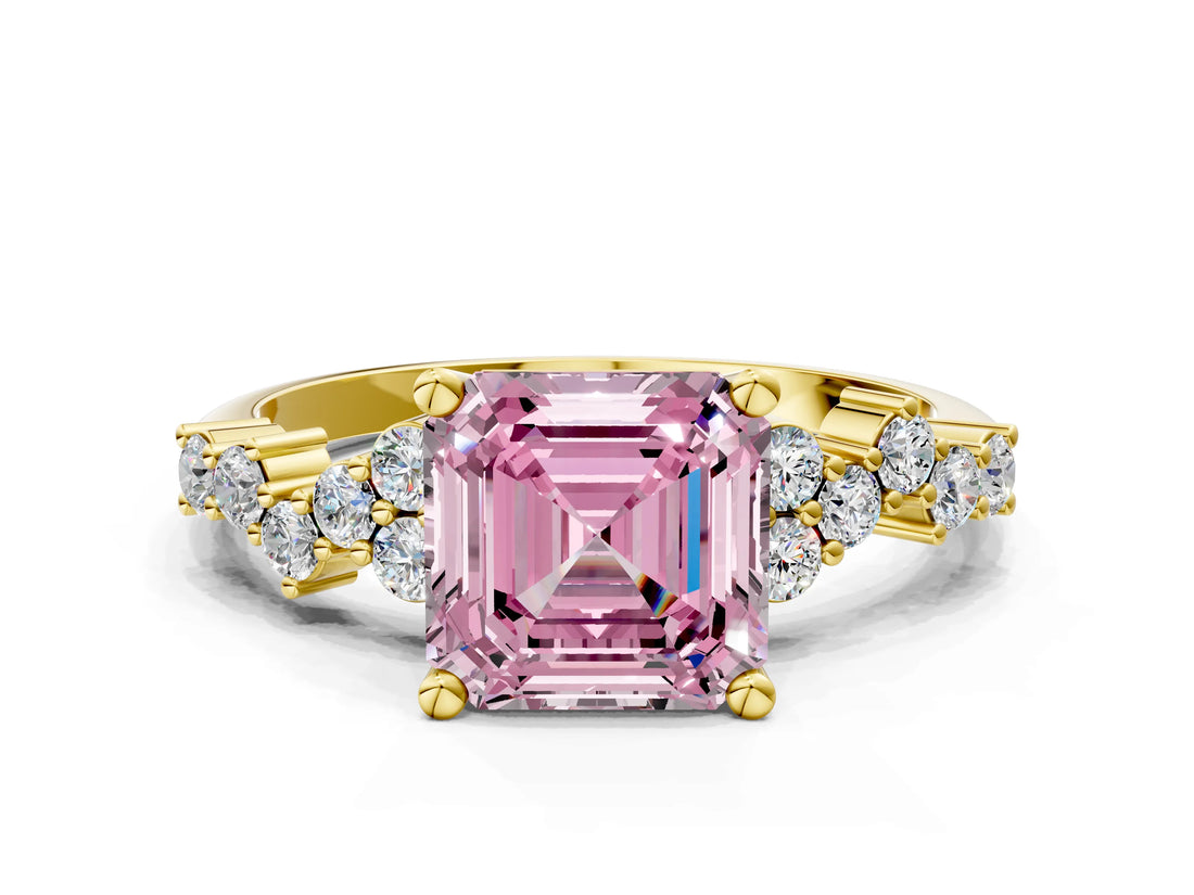 Yellow gold Fancy Pink Asscher Cut Diamond Cluster Pavé Band with Four-Prong Setting_3
