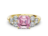 Yellow gold Fancy Pink Asscher  Cut Diamond Cluster Ring with Round Accent Stones and Prong Setting on a Classic Band_47