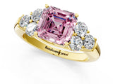 Yellow gold Fancy Pink Asscher  Cut Diamond Cluster Ring with Round Accent Stones and Prong Setting on a Classic Band_48