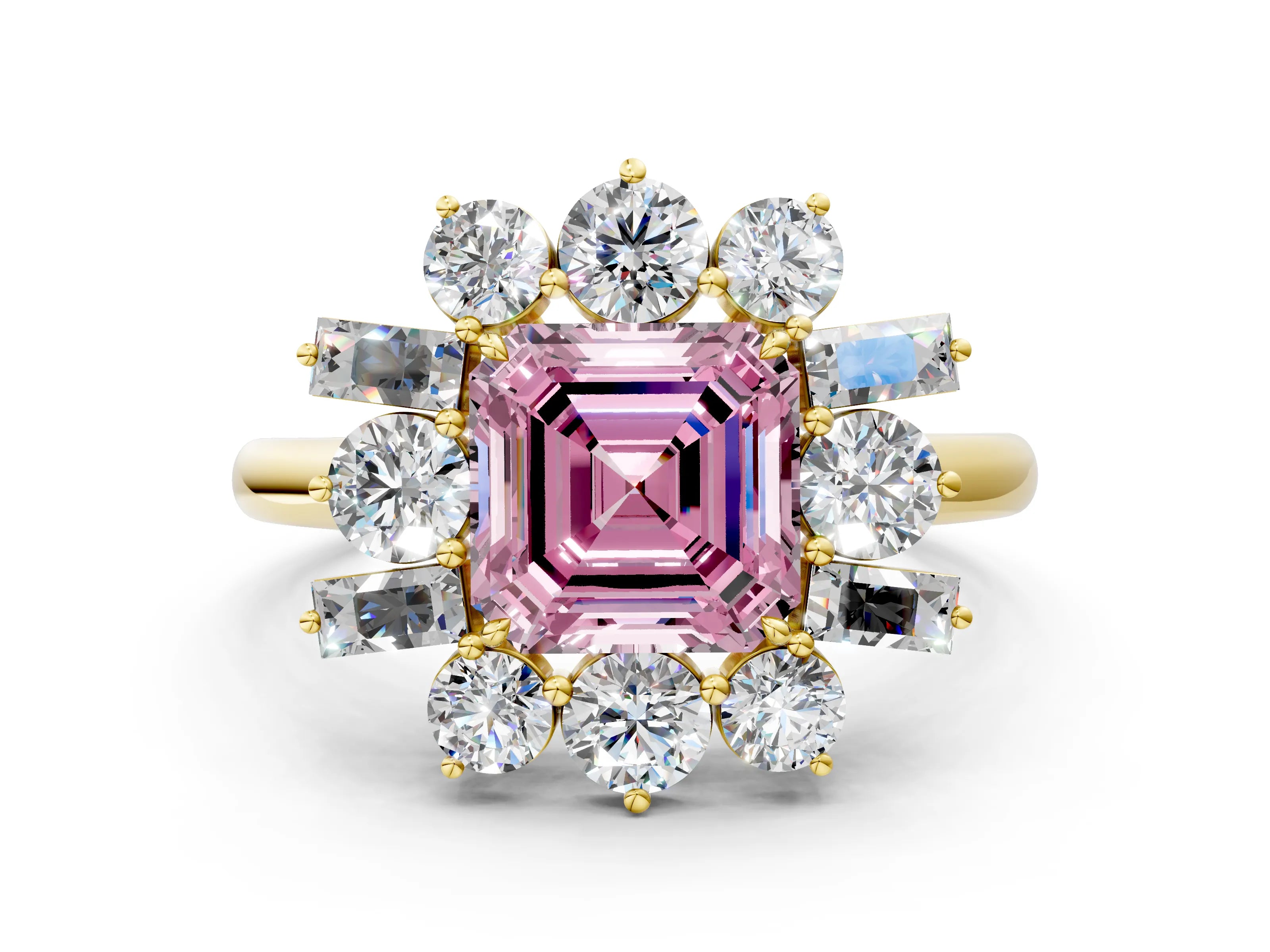 Yellow gold Fancy Pink Asscher Cut Diamond Cluster Ring with Round and Baguette Stones, Split Shank Band, Prong Setting