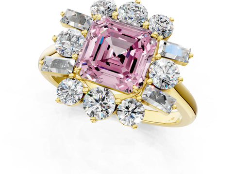 Yellow gold Fancy Pink Asscher Cut Diamond Cluster Ring with Round and Baguette Stones, Split Shank Band, Prong Setting_1