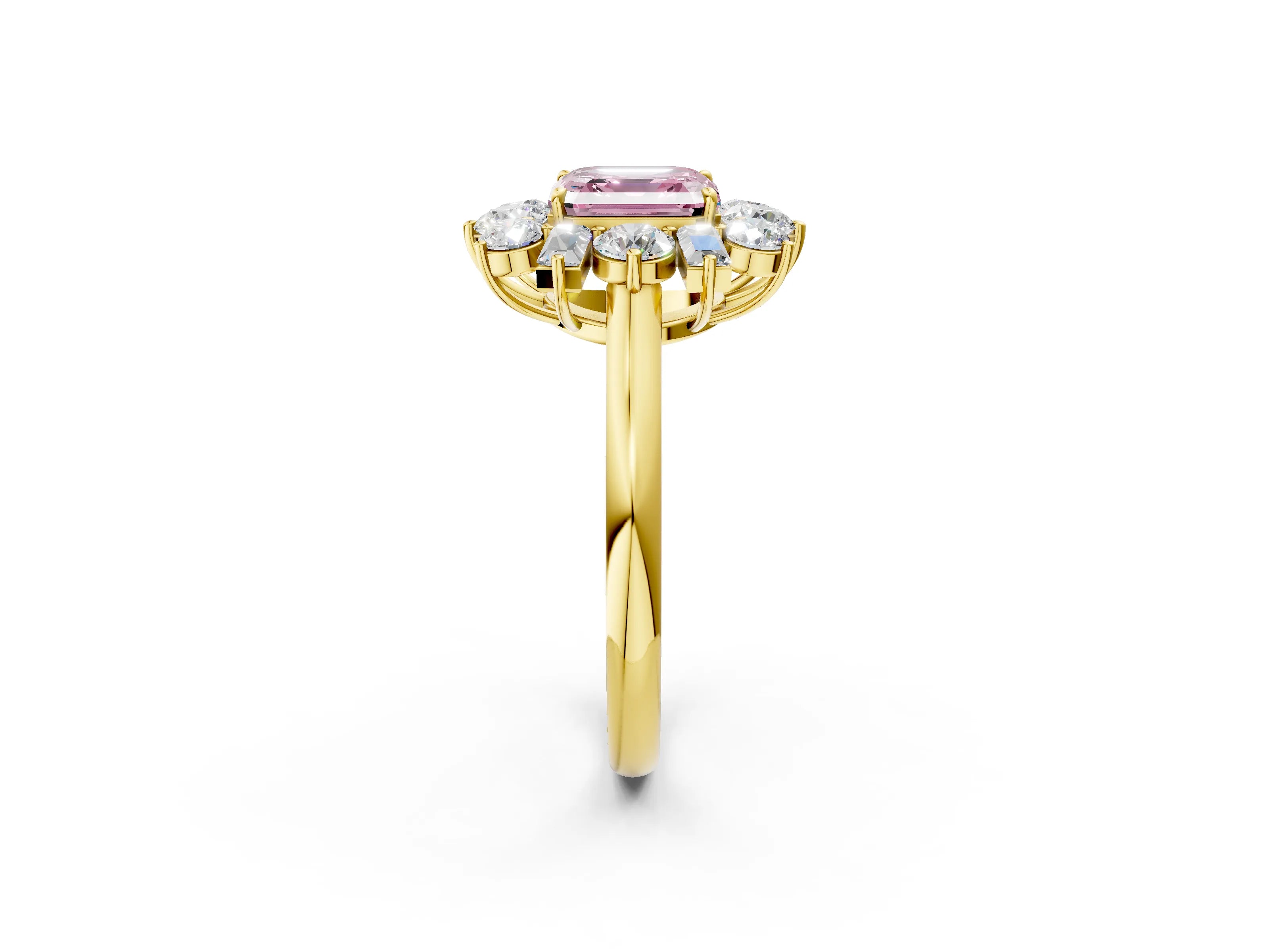 Yellow gold Fancy Pink Asscher Cut Diamond Cluster Ring with Round and Baguette Stones, Split Shank Band, Prong Setting_2