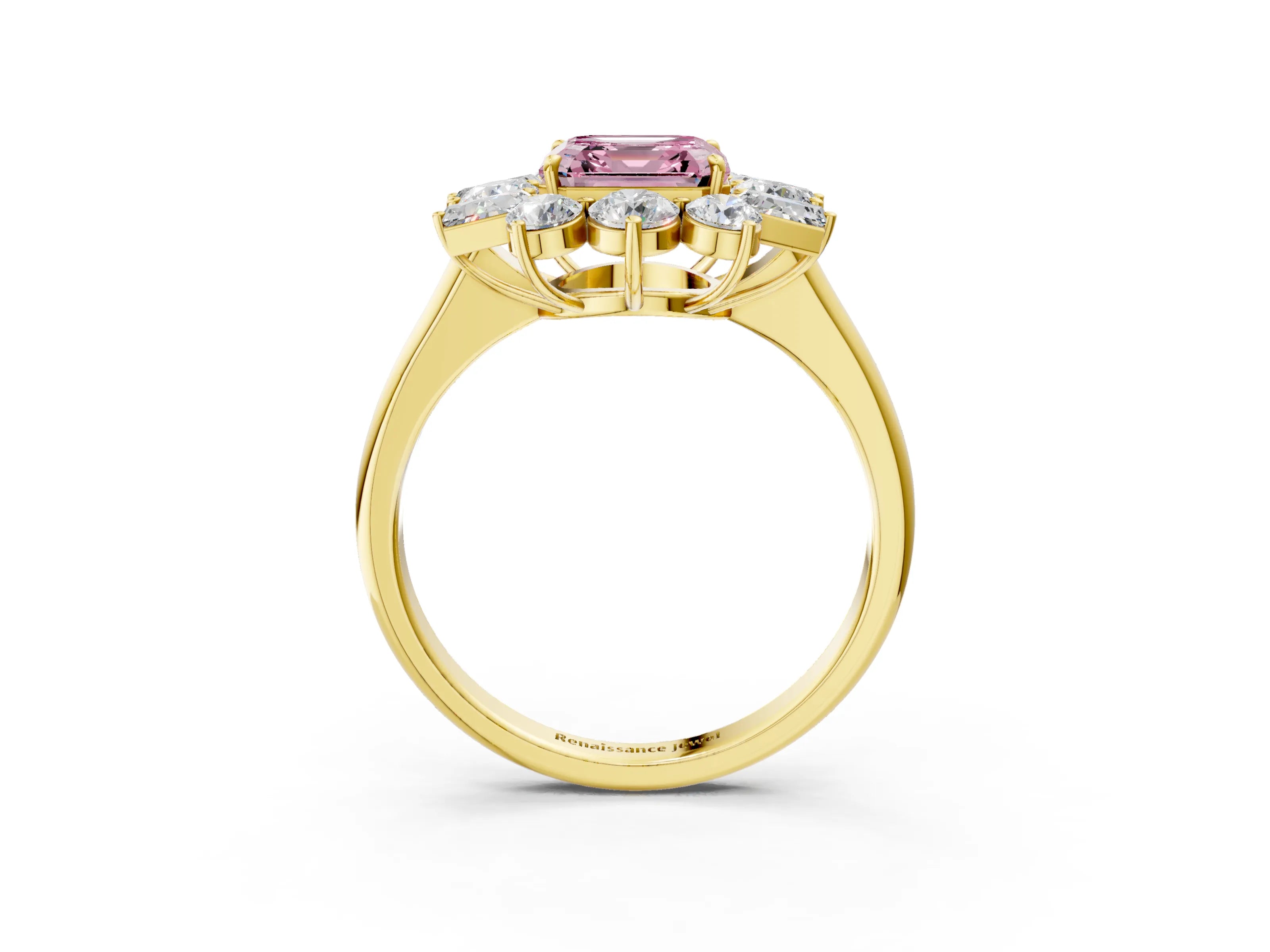 Yellow gold Fancy Pink Asscher Cut Diamond Cluster Ring with Round and Baguette Stones, Split Shank Band, Prong Setting_3