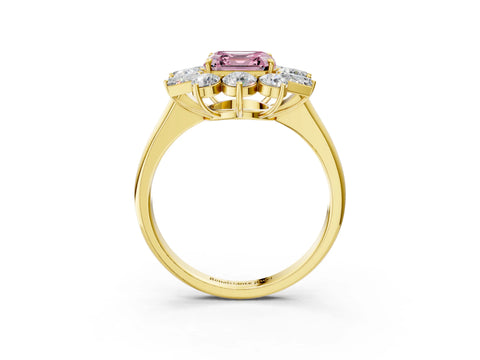 Yellow gold Fancy Pink Asscher Cut Diamond Cluster Ring with Round and Baguette Stones, Split Shank Band, Prong Setting_3