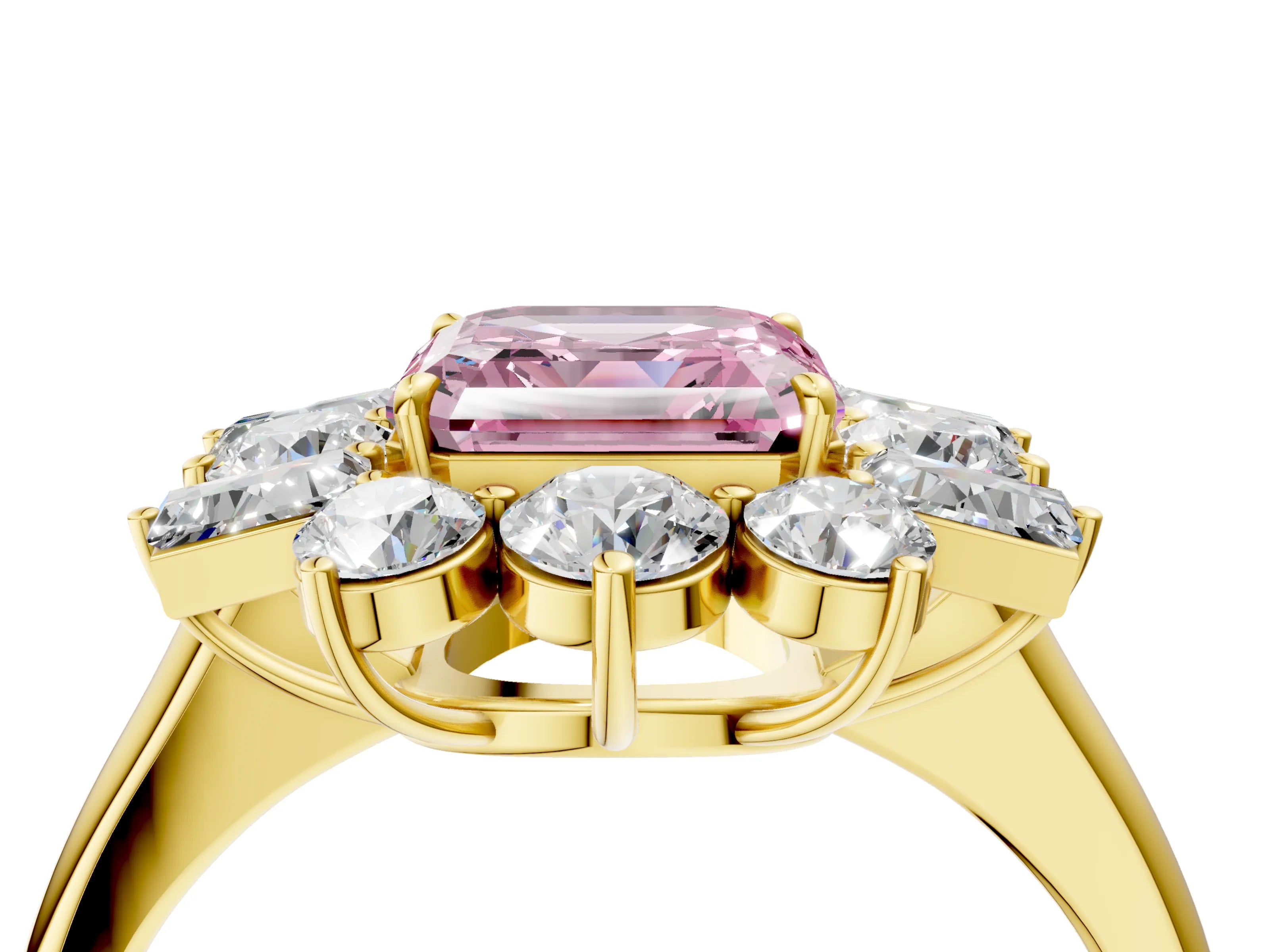 Yellow gold Fancy Pink Asscher Cut Diamond Cluster Ring with Round and Baguette Stones, Split Shank Band, Prong Setting_4