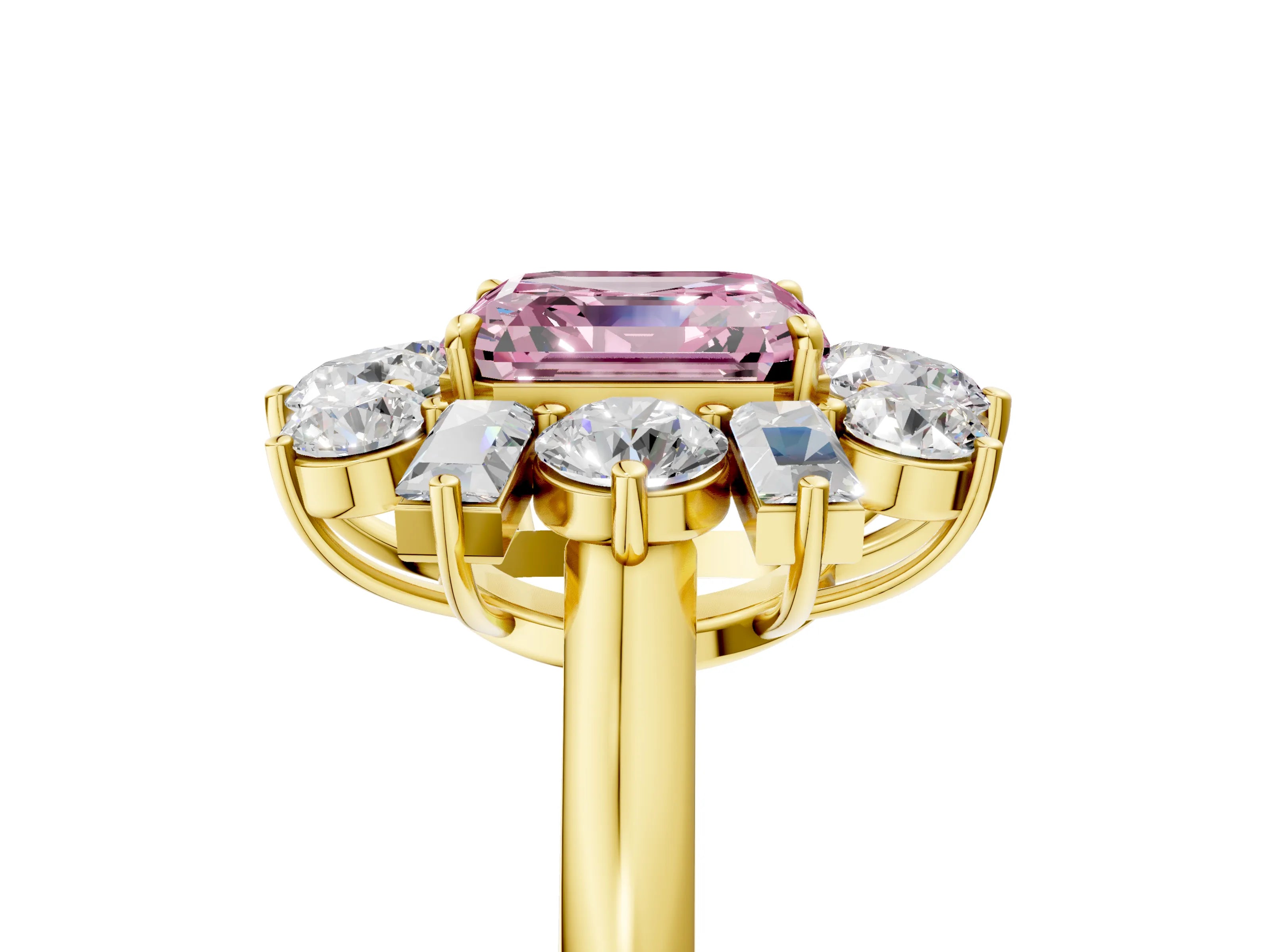 Yellow gold Fancy Pink Asscher Cut Diamond Cluster Ring with Round and Baguette Stones, Split Shank Band, Prong Setting_5