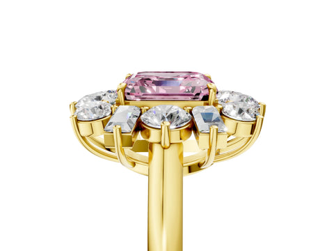 Yellow gold Fancy Pink Asscher Cut Diamond Cluster Ring with Round and Baguette Stones, Split Shank Band, Prong Setting_5