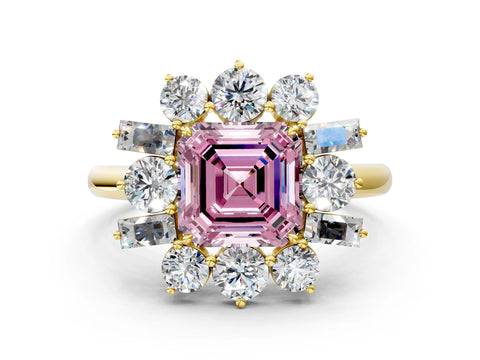 Yellow gold Fancy Pink Asscher Cut Diamond Cluster Ring with Round and Baguette Stones, Split Shank Band, Prong Setting
