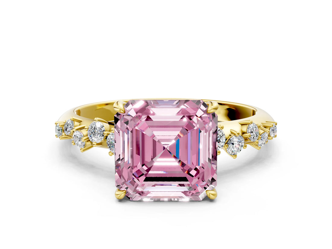 Yellow gold Fancy Pink Asscher Cut Diamond Cluster Side Stone Solitaire Ring with Prong Setting_79
