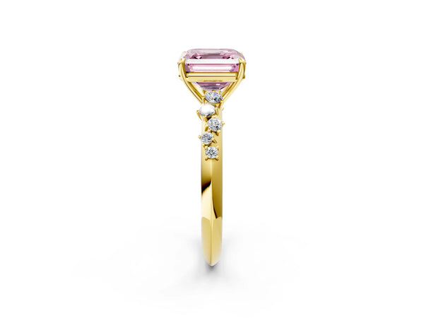 Yellow Gold Asscher Cut Graduated Cluster Engagement Ring Setting for Fancy Pink Center