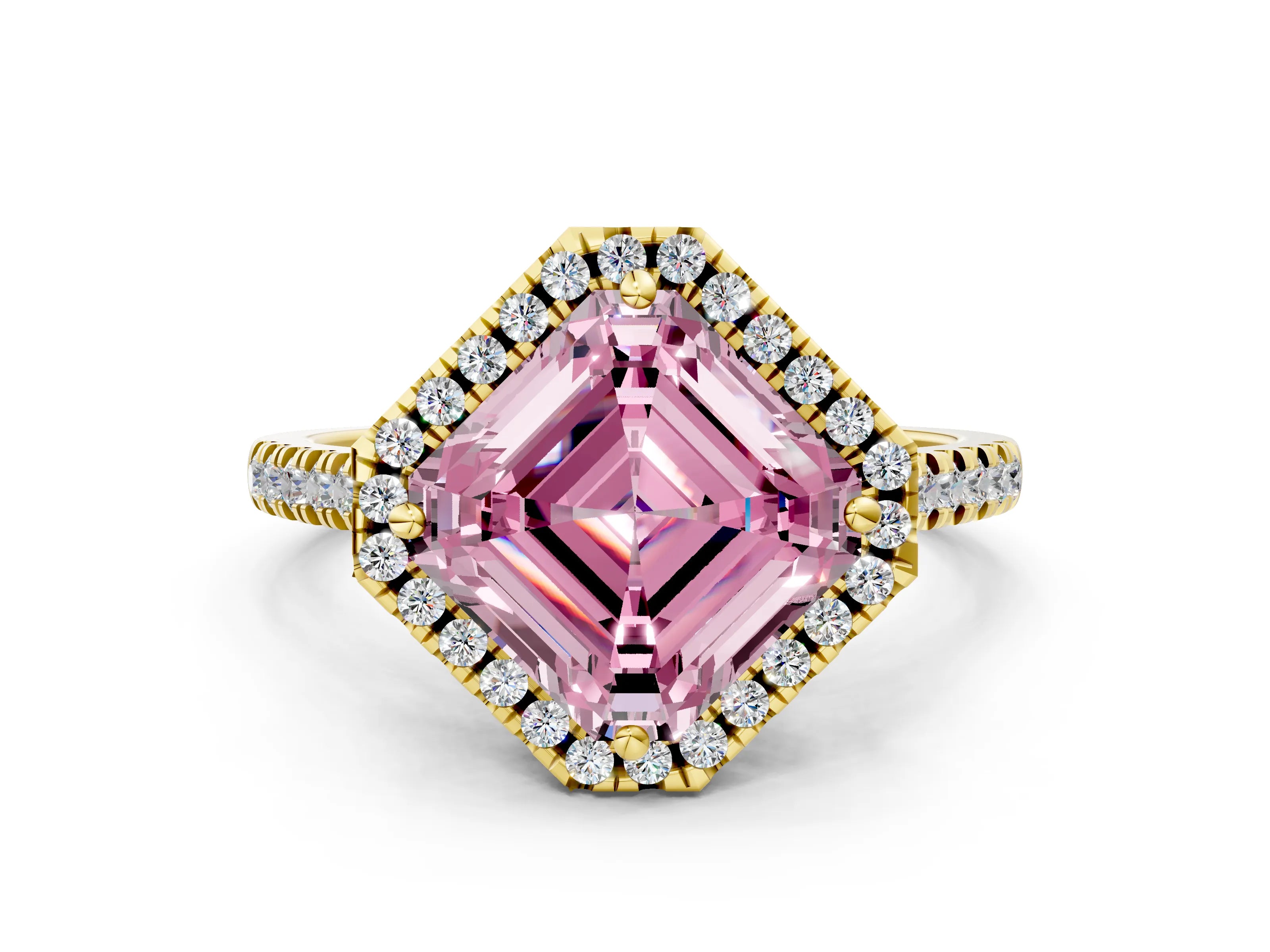 Yellow gold Fancy Pink Asscher Cut Diamond Cushion Halo Ring with Pavé Band