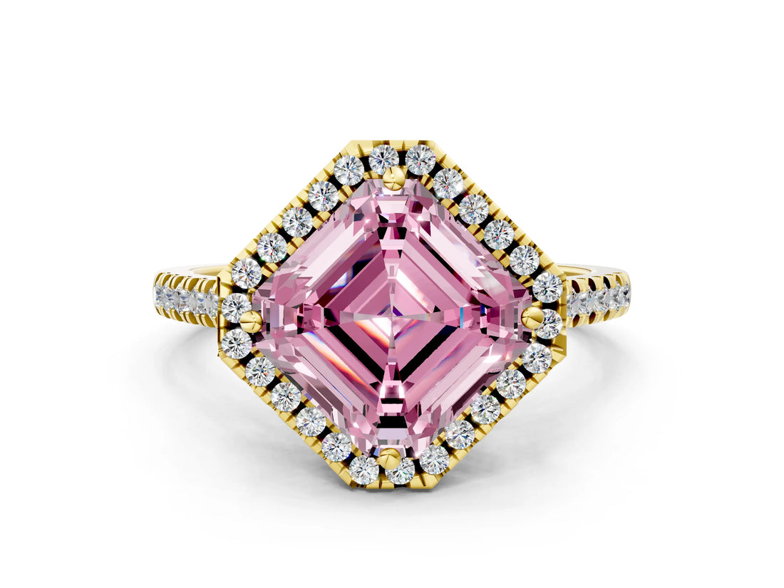 Yellow gold Fancy Pink Asscher Cut Diamond Cushion Halo Ring with Pavé Band