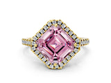 Yellow gold Fancy Pink Asscher Cut Diamond Cushion Halo Ring with Pavé Band