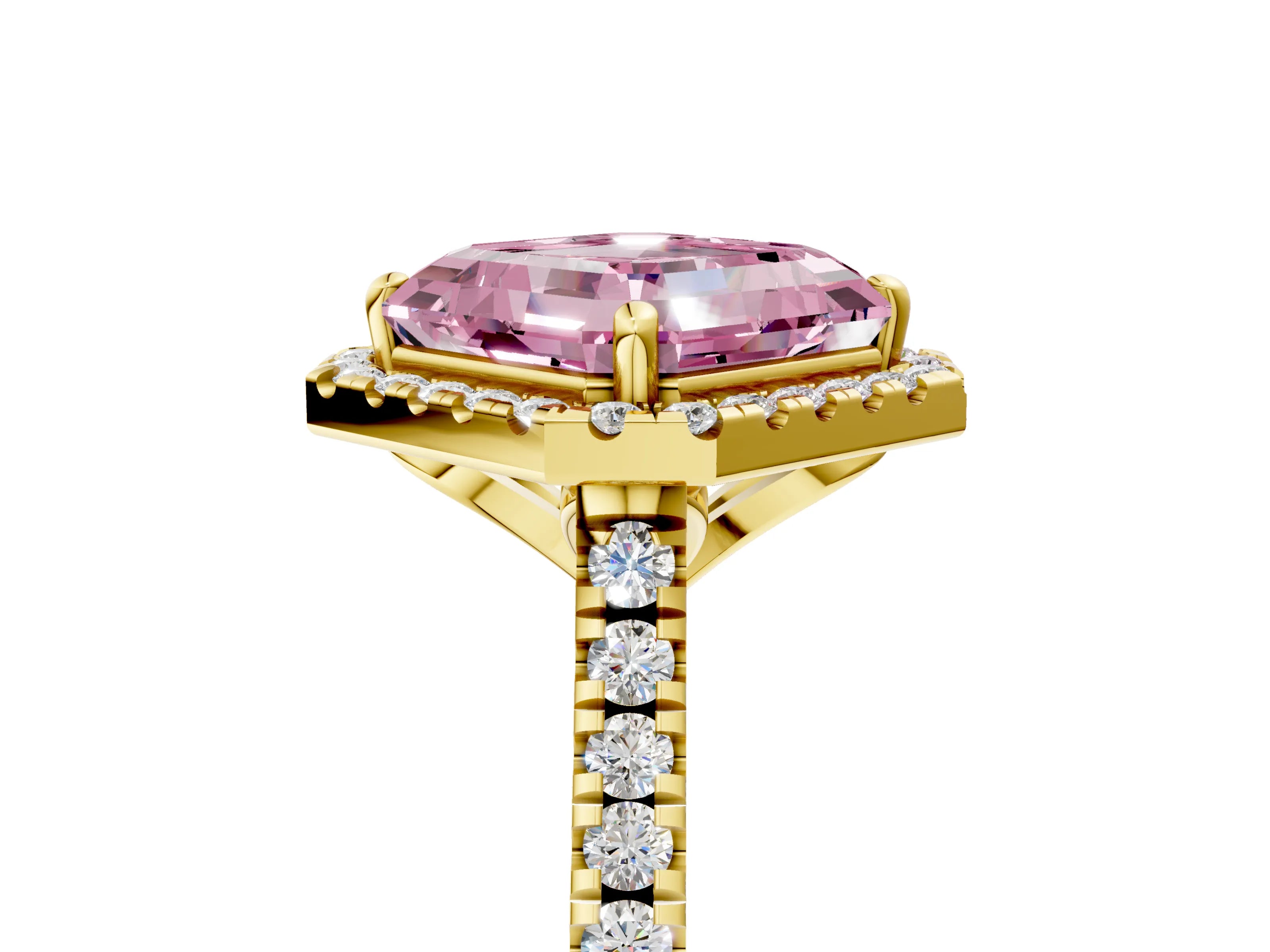 Yellow gold Fancy Pink Asscher Cut Diamond Cushion Halo Ring with Pavé Band_5